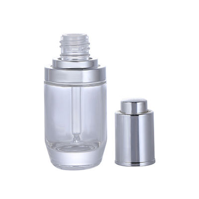 Bottle de fundação de vidro transparente redondo Design simples Impressão de tela de seda Embalagens cosméticas
