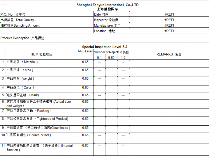 Shanghai Zanyun International Trade Co., Ltd. Controle de Qualidade